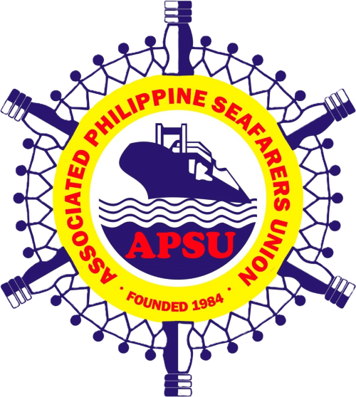 Logo for the Associated Philippine Seafarers Union (APSU), founded in 1984, featuring a ship silhouette and a helm design.