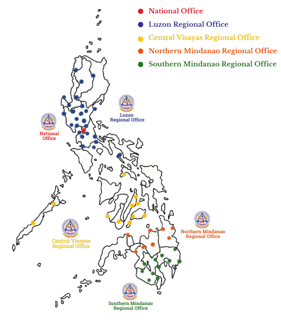 Map of the Philippines showing locations of National and Regional Offices.